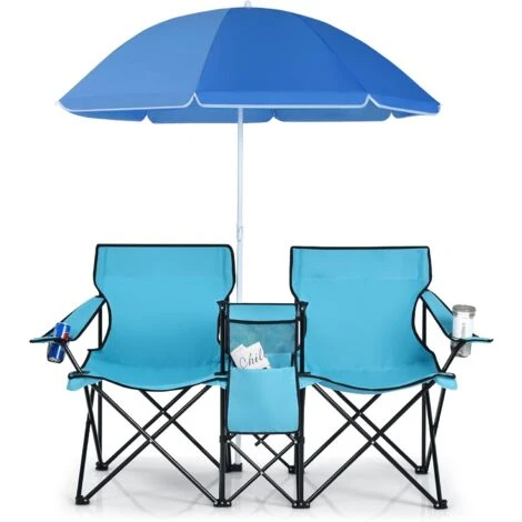COSTWAY Chaise De Camping Pliante, Fauteuil De Jardin 2 Places Avec Glacière, Porte-gobelet, Parasol, Sac,152x52x85CM, Charge Max 113 KG, Pour Randonnée, Plage, Pêche (Turquoise) 3 COSTWAY Chaise De Camping Pliante, Fauteuil De Jardin 2 Places Avec Glacière, Porte-gobelet, Parasol, Sac,152x52x85CM, Charge Max 113 KG, Pour Randonnée, Plage, Pêche (Turquoise)