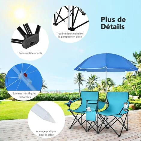 COSTWAY Chaise De Camping Pliante, Fauteuil De Jardin 2 Places Avec Glacière, Porte-gobelet, Parasol, Sac,152x52x85CM, Charge Max 113 KG, Pour Randonnée, Plage, Pêche (Turquoise) 5 COSTWAY Chaise De Camping Pliante, Fauteuil De Jardin 2 Places Avec Glacière, Porte-gobelet, Parasol, Sac,152x52x85CM, Charge Max 113 KG, Pour Randonnée, Plage, Pêche (Turquoise) – Image 3