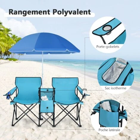 COSTWAY Chaise De Camping Pliante, Fauteuil De Jardin 2 Places Avec Glacière, Porte-gobelet, Parasol, Sac,152x52x85CM, Charge Max 113 KG, Pour Randonnée, Plage, Pêche (Turquoise) 6 COSTWAY Chaise De Camping Pliante, Fauteuil De Jardin 2 Places Avec Glacière, Porte-gobelet, Parasol, Sac,152x52x85CM, Charge Max 113 KG, Pour Randonnée, Plage, Pêche (Turquoise) – Image 4