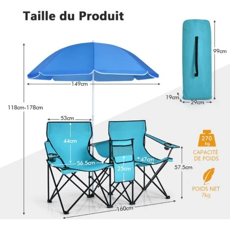 COSTWAY Chaise De Camping Pliante, Fauteuil De Jardin 2 Places Avec Glacière, Porte-gobelet, Parasol, Sac,152x52x85CM, Charge Max 113 KG, Pour Randonnée, Plage, Pêche (Turquoise) 7 COSTWAY Chaise De Camping Pliante, Fauteuil De Jardin 2 Places Avec Glacière, Porte-gobelet, Parasol, Sac,152x52x85CM, Charge Max 113 KG, Pour Randonnée, Plage, Pêche (Turquoise) – Image 5