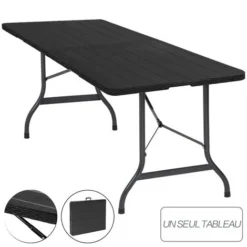 Table Pliante Rectangulaire En Aspect Rotin - Table De Jardin 8 Personnes - L180 X L75 X H73cm - Table Camping Exterieur Pour Jardin Terrasse Et Balcon - Noir