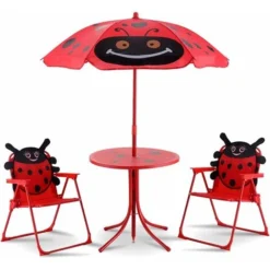 GIANTEX Ensemble De Jardin Pour Enfant Avec Parasol, Table Pour Enfant Pliable, 2 Chaises, Meubles Pour Jardin, Camping, Terrasse, Rouge