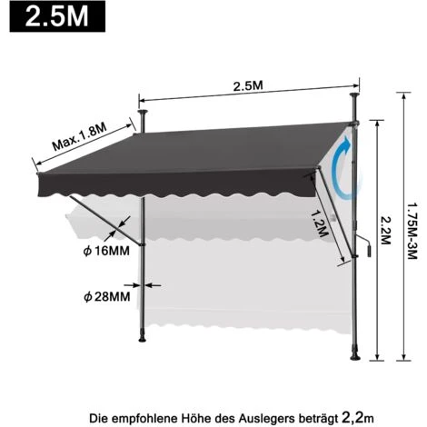 Store De Balcon Rétractable - 250 X 120 Cm, Avec Manivelle, Sans Perçage, Hauteur Réglable, Protection UV - Gris Foncé NAIZY 4 Store De Balcon Rétractable - 250 X 120 Cm, Avec Manivelle, Sans Perçage, Hauteur Réglable, Protection UV - Gris Foncé NAIZY – Image 2