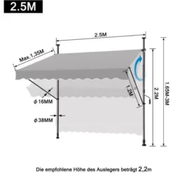 Store De Balcon Rétractable 250 X 120 Cm - Avec Manivelle, Sans Perçage, Protection UV, Hauteur Réglable - Gris Clair NAIZY 8 Store De Balcon Rétractable 250 X 120 Cm - Avec Manivelle, Sans Perçage, Protection UV, Hauteur Réglable - Gris Clair NAIZY -Promos Verde Rêverie Boutique 99357095 2