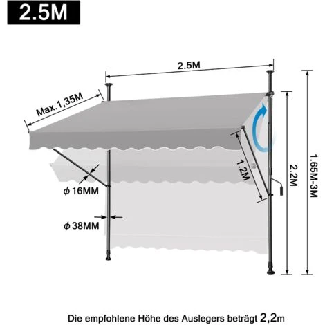 Store De Balcon Rétractable 250 X 120 Cm - Avec Manivelle, Sans Perçage, Protection UV, Hauteur Réglable - Gris Clair NAIZY 4 Store De Balcon Rétractable 250 X 120 Cm - Avec Manivelle, Sans Perçage, Protection UV, Hauteur Réglable - Gris Clair NAIZY – Image 2