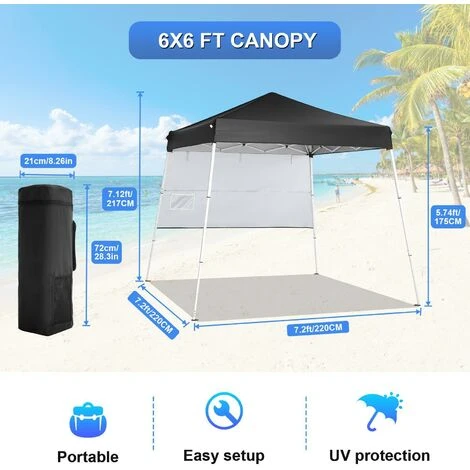 1.78x1.78m Tonnelle Pliante De Jardin Anti-UV, Barnum Pliant Avec Sac De Transport Et 1 Paroi Latérale, Protection Contre Soleil Pour Camping, Plage, Avec Sac De Sable, Noir 4 1.78x1.78m Tonnelle Pliante De Jardin Anti-UV, Barnum Pliant Avec Sac De Transport Et 1 Paroi Latérale, Protection Contre Soleil Pour Camping, Plage, Avec Sac De Sable, Noir – Image 2