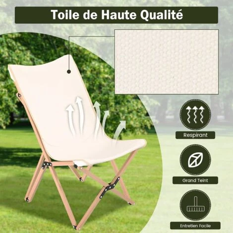 COSTWAY Chaise De Jardin Extérieur Lot De 2 Style Papillon, Chaise Pliante Camping Portable Bambou Avec Sac, Chaise Extérieur Intérieur Pour Pique-Nique Pêche Salon, Charge 150 KG, Beige 4 COSTWAY Chaise De Jardin Extérieur Lot De 2 Style Papillon, Chaise Pliante Camping Portable Bambou Avec Sac, Chaise Extérieur Intérieur Pour Pique-Nique Pêche Salon, Charge 150 KG, Beige – Image 2