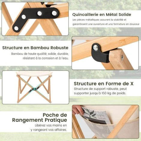 COSTWAY Chaise De Jardin Extérieur Lot De 2 Style Papillon, Chaise Pliante Camping Portable Bambou Avec Sac, Chaise Extérieur Intérieur Pour Pique-Nique Pêche Salon, Charge 150 KG, Beige 6 COSTWAY Chaise De Jardin Extérieur Lot De 2 Style Papillon, Chaise Pliante Camping Portable Bambou Avec Sac, Chaise Extérieur Intérieur Pour Pique-Nique Pêche Salon, Charge 150 KG, Beige – Image 4