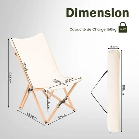 COSTWAY Chaise De Jardin Extérieur Lot De 2 Style Papillon, Chaise Pliante Camping Portable Bambou Avec Sac, Chaise Extérieur Intérieur Pour Pique-Nique Pêche Salon, Charge 150 KG, Beige 7 COSTWAY Chaise De Jardin Extérieur Lot De 2 Style Papillon, Chaise Pliante Camping Portable Bambou Avec Sac, Chaise Extérieur Intérieur Pour Pique-Nique Pêche Salon, Charge 150 KG, Beige – Image 5