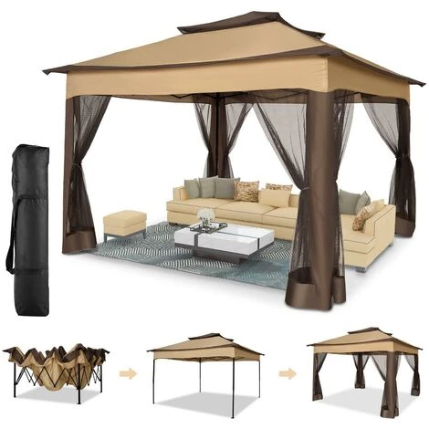 3x3m Tonnelle Pliante De Jardin Imperméable Extérieure Avec Moustiquaire - Pavillon Anti-UV Pour L'ombre Et La Pluie Avec Gaze Et Sac De Transport - Pour Patio, Jardin, Terrasse, Brun+Café 3 3x3m Tonnelle Pliante De Jardin Imperméable Extérieure Avec Moustiquaire - Pavillon Anti-UV Pour L'ombre Et La Pluie Avec Gaze Et Sac De Transport - Pour Patio, Jardin, Terrasse, Brun+Café